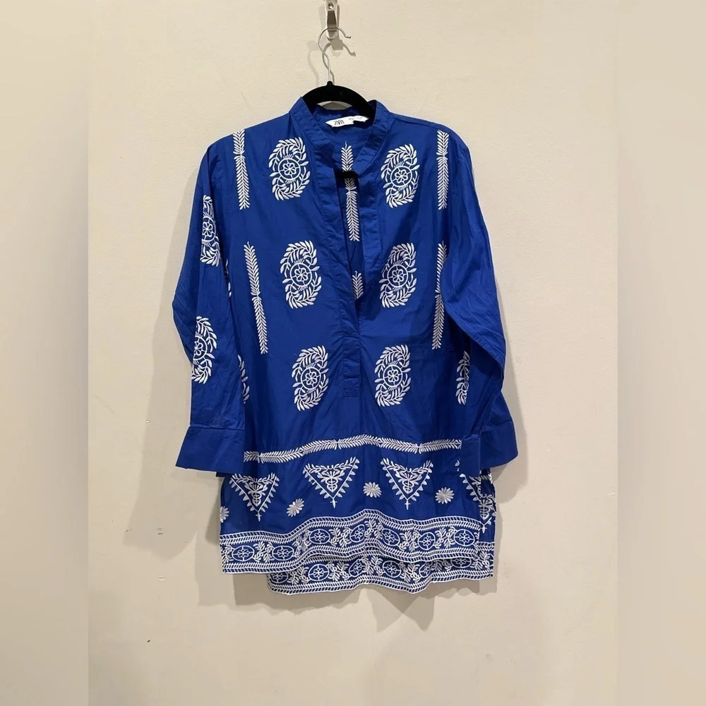 Zara blue cotton tunic top contrasting embroidery Size Small 2800 - Picture 3 of 12